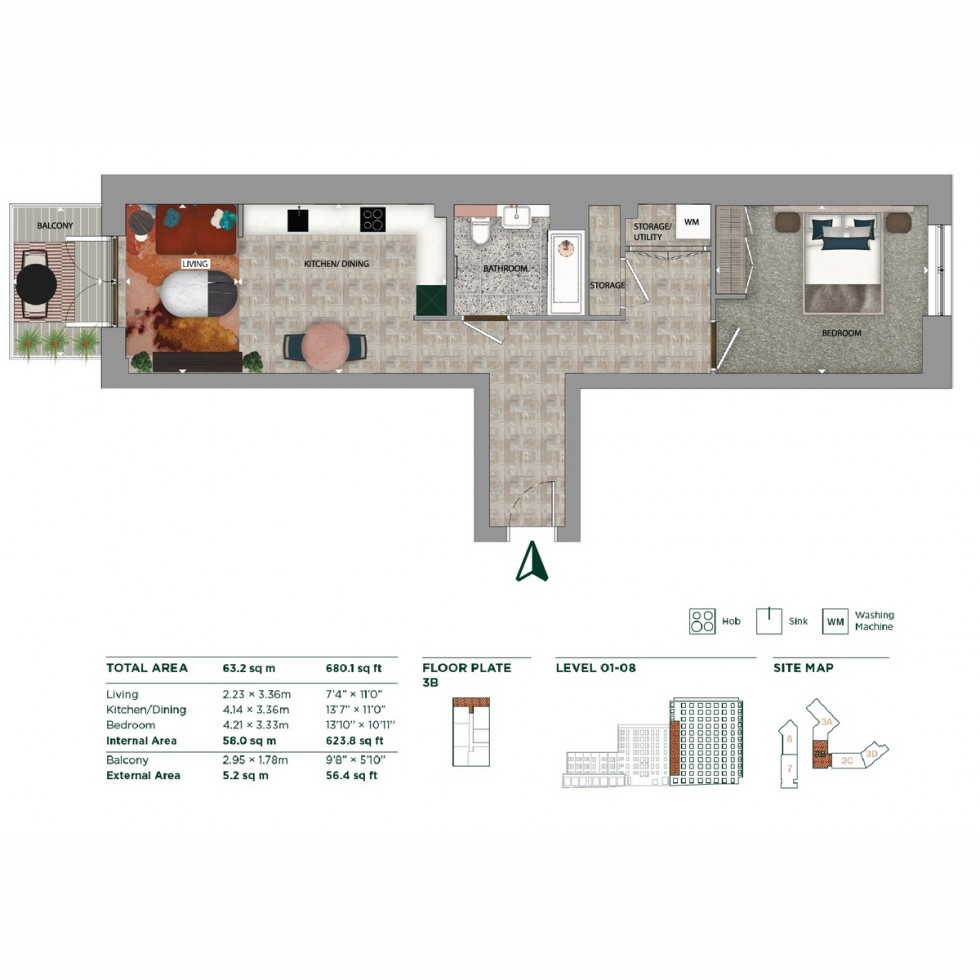 Floorplan for Unit 3B0805 One Clapham, Battersea, SW11