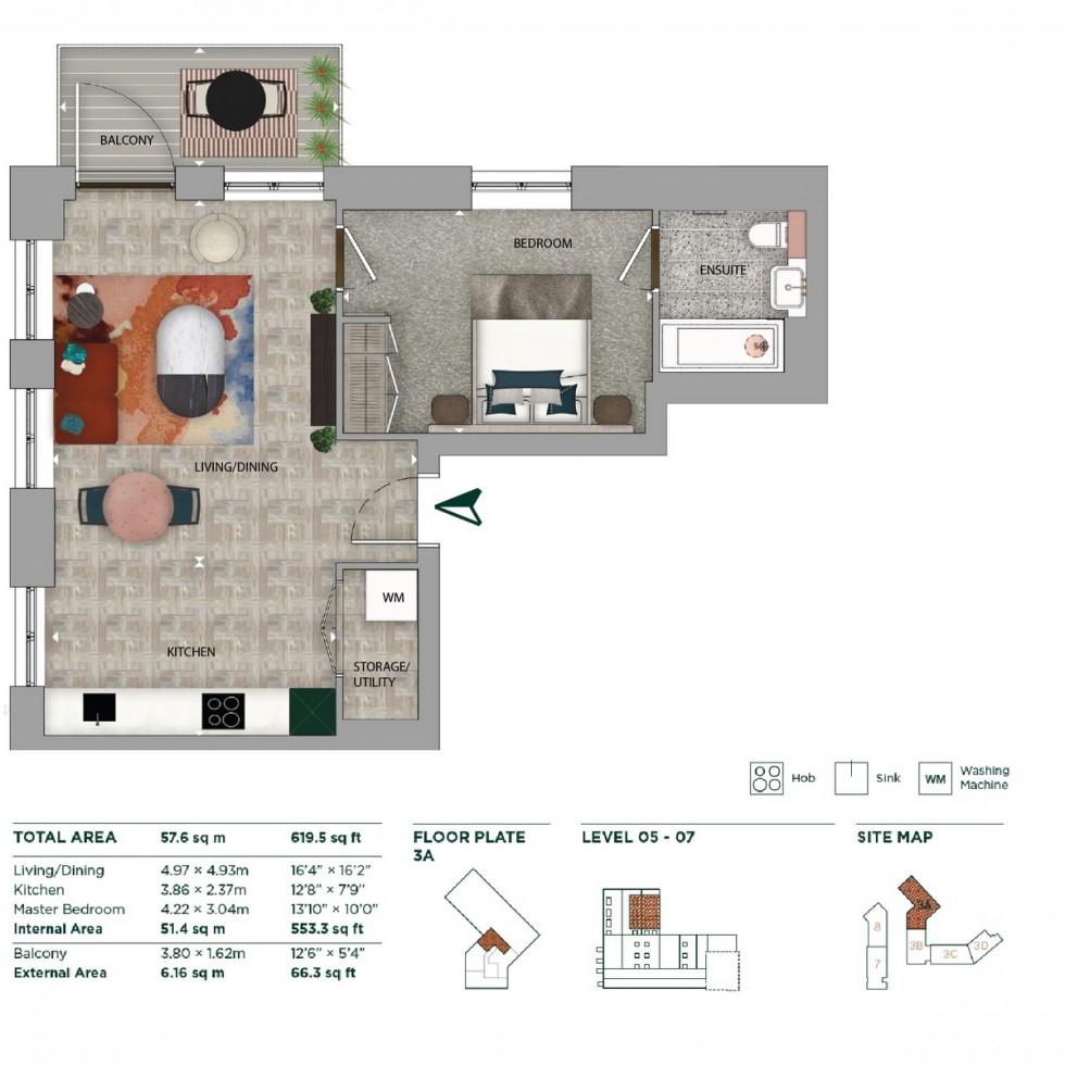 Floorplan for Unit 3A0604 One Clapham, Battersea, SW11