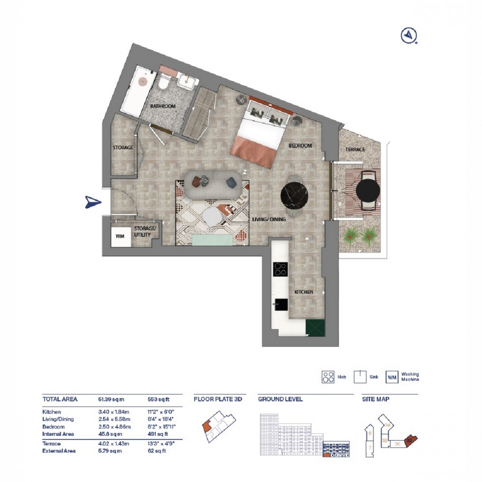 Floorplan for Unit 3D0005 One Clapham, Battersea, SW11