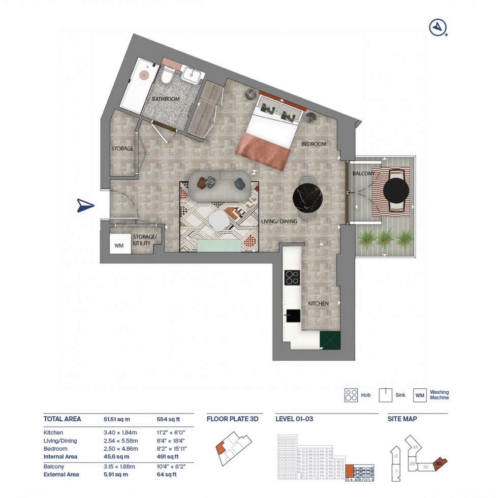 Floorplan for Unit 3D0206 One Clapham, Battersea, SW11