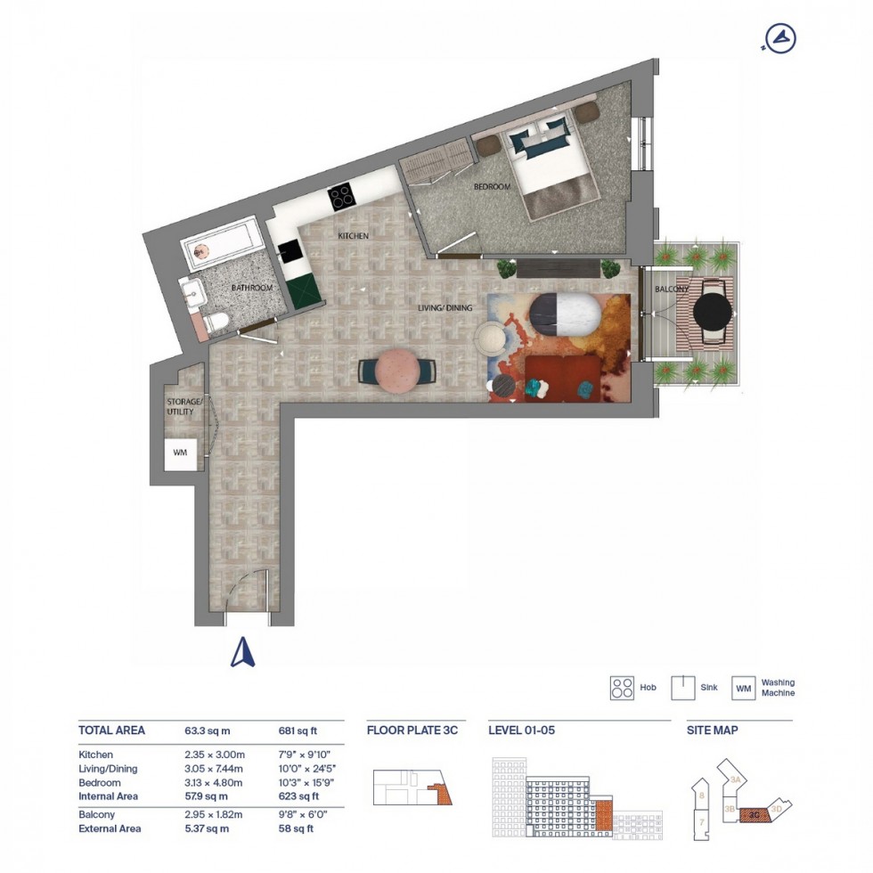 Floorplan for Unit 3C0502 One Clapham, Battersea, SW11